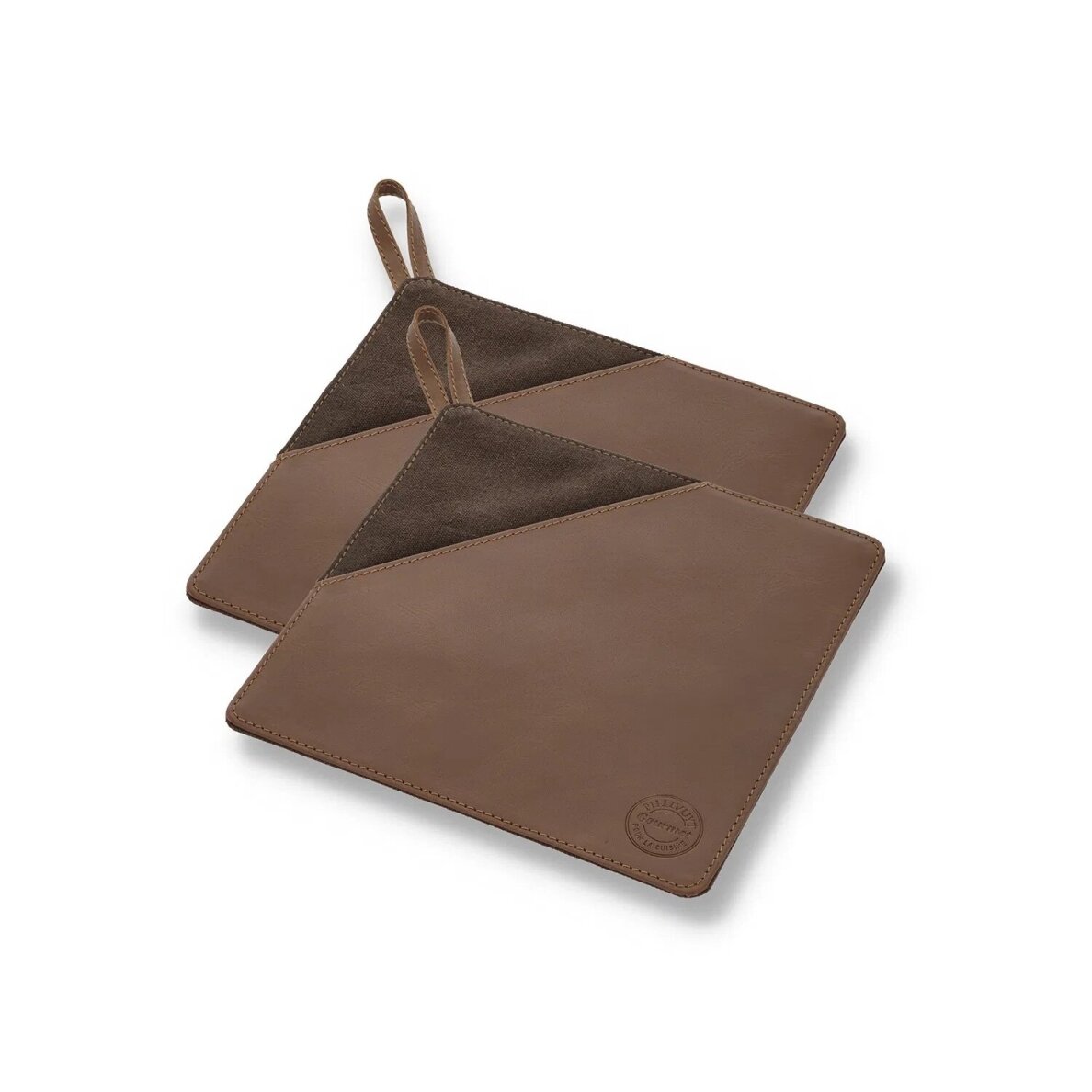 Puodo laikikliai 20,5 x 20,5 cm, rudas 2 vnt., drobė/oda Puodo laikikliai 20,5 x 20,5 cm, rudas 2 vnt., drobė/oda